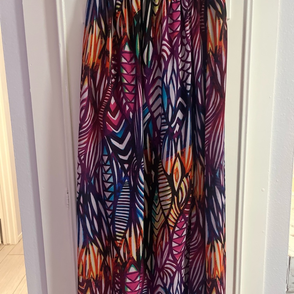 Colorful Feather Pattern Maxi High Slit Skirt Elastic Waist Boho Tribal Print